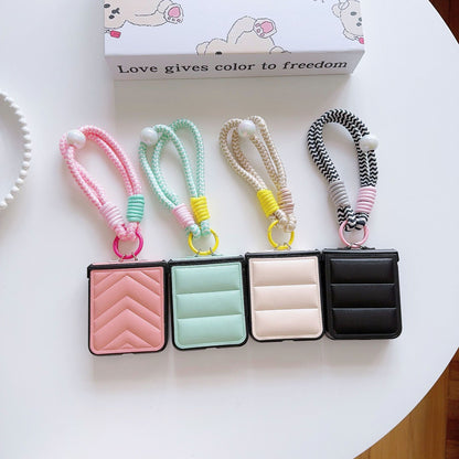 Korean Style Quilted Leather Case with Braided Hand Strap for Samsung Galaxy Z Flip 6 5 4 3 - Stylish Foldable Cover