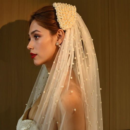 Royal Cathedral Length Wedding Veil with Pearl Beaded Headband / Extra Long Bridal Veil with Comb Hair Accessories
