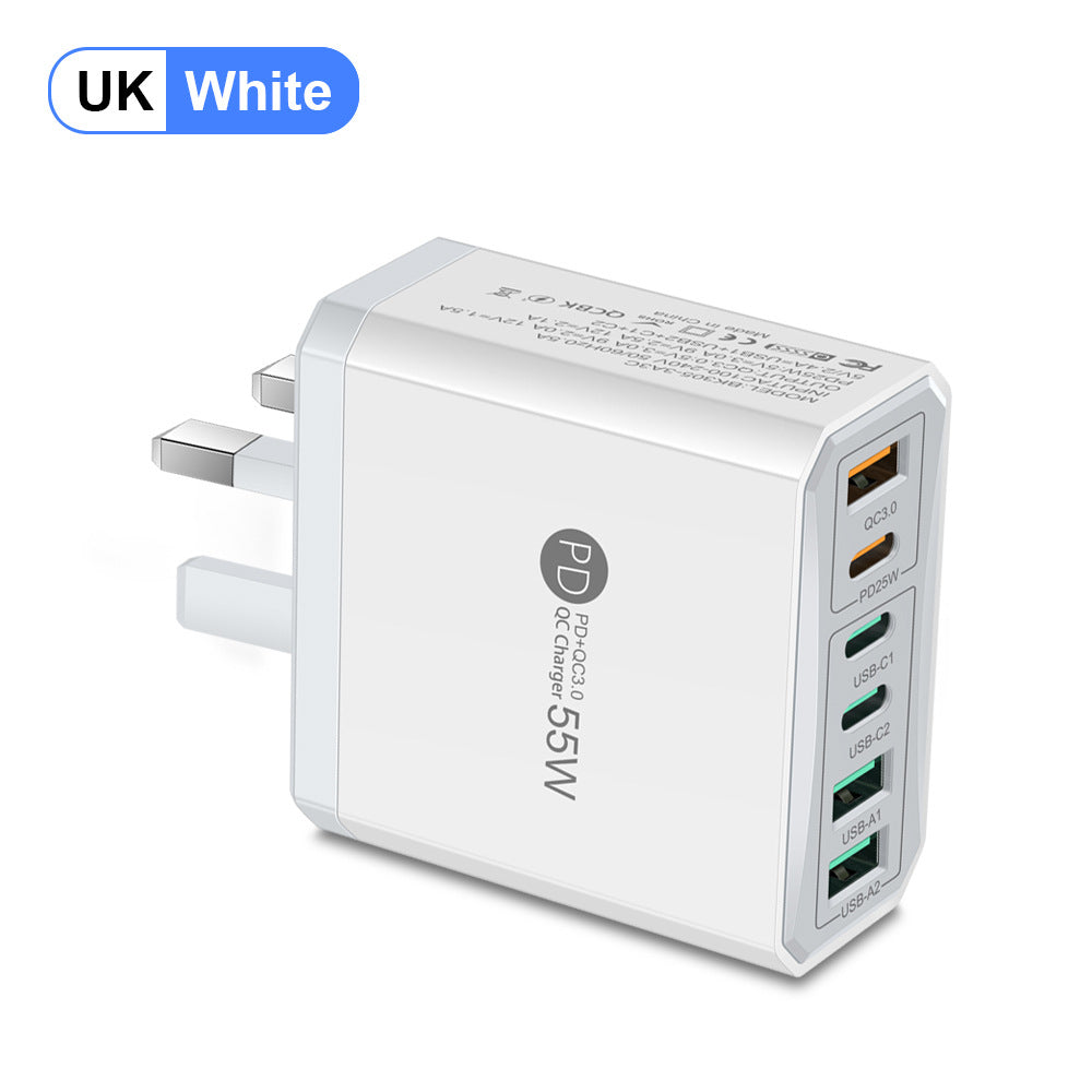 6-in-1 Fast Charging Head - 55W QC3.0 & PD Multi-Port Wall Charger Adapter
