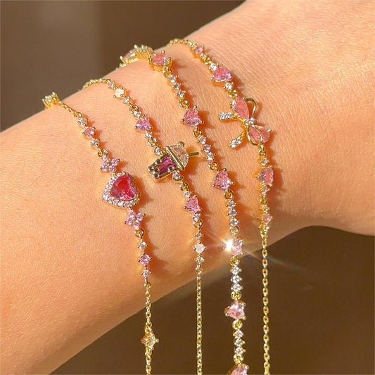 Ins Style Cute Pink Zircon Butterfly Charm Bracelet Set for Women
