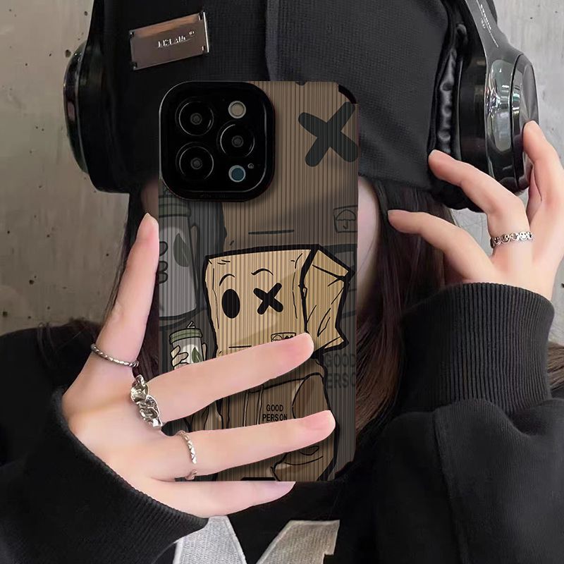 Funny Cardboard Box Head Social Anxiety Cartoon Phone Case for iPhone 15 14 13 12 11 Pro Max - Soft TPU Cover
