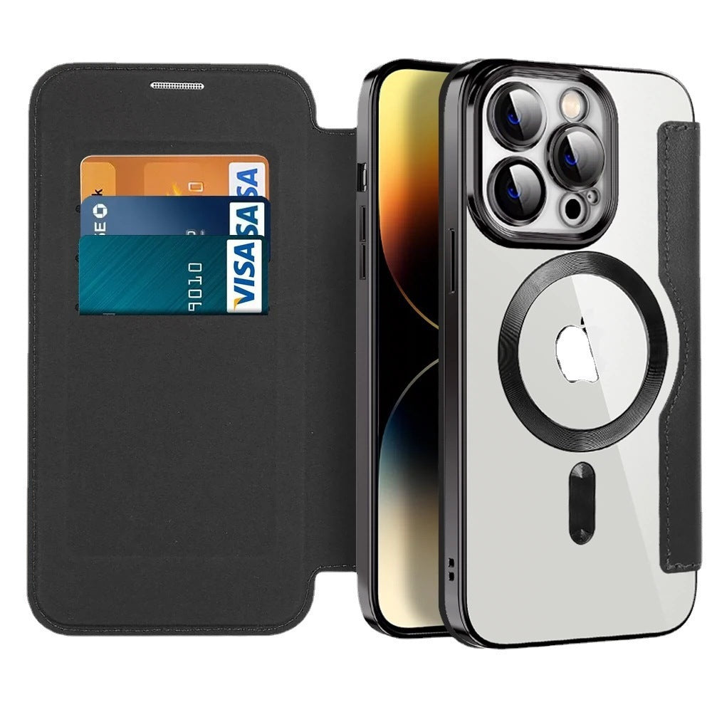 Electroplated Magnetic Leather Wallet Flip Case with Card Holder for iPhone 16 15 14 Pro Max - Clear Back Cover