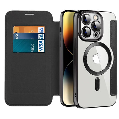 Electroplated Magnetic Leather Wallet Flip Case with Card Holder for iPhone 16 15 14 Pro Max - Clear Back Cover