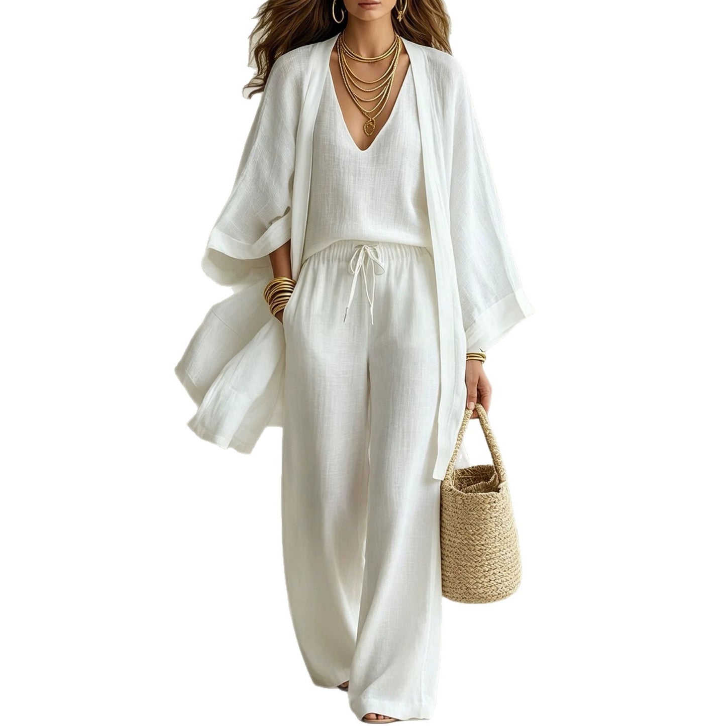 Elegant Linen Look 3-Piece Matching Set - Flowing Open Front Shrug with Wide Leg Pants
