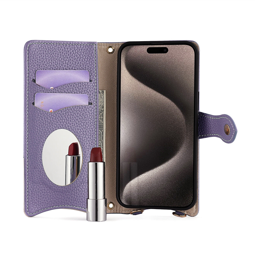 Crossbody Leather Wallet Case with Makeup Mirror & Card Holder for iPhone 17 16 15 14 Pro Max - Zipper Pocket Stand Cover
