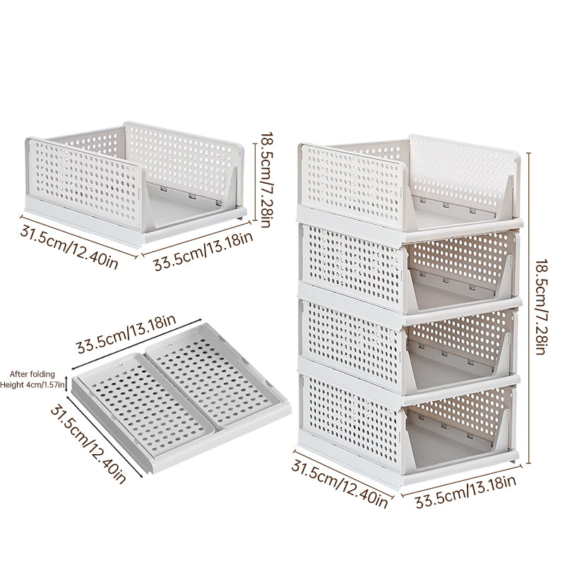 4 Pack Stackable & Foldable Closet Storage Bins - Plastic Drawer Organizers with Sliding Rails
