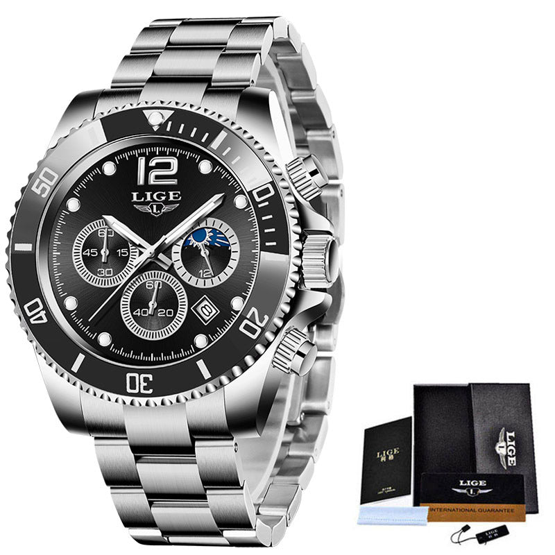 LIGE Luxury Men's Chronograph Quartz Watch - Waterproof Stainless Steel Sports Wristwatch