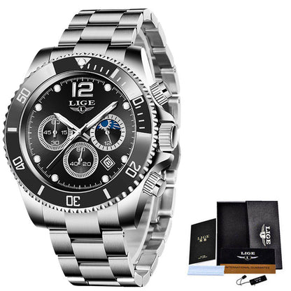 LIGE Luxury Men's Chronograph Quartz Watch - Waterproof Stainless Steel Sports Wristwatch