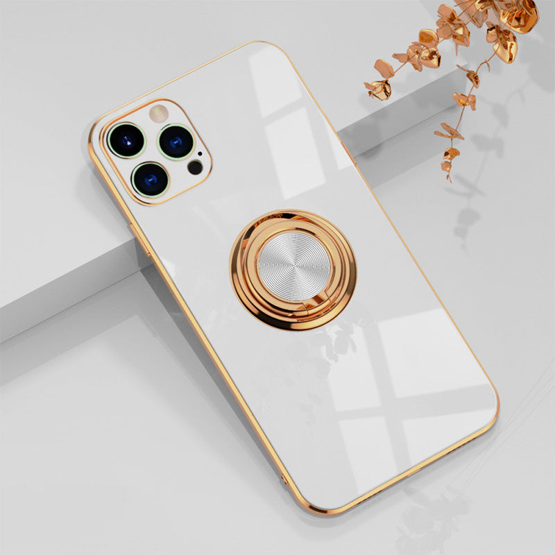 Luxury Plating Ring Holder Case for iPhone 14 13 12 - Magnetic Car Mount Kickstand Soft Silicone Cover
