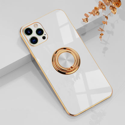 Luxury Plating Ring Holder Case for iPhone 14 13 12 - Magnetic Car Mount Kickstand Soft Silicone Cover