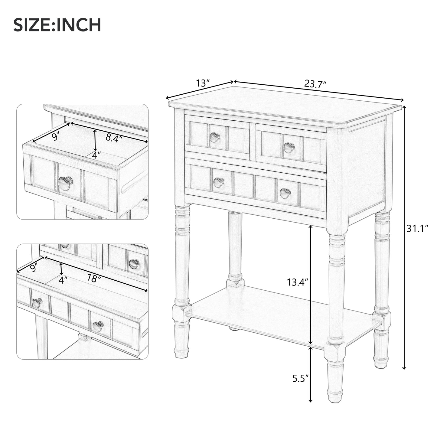 Narrow Console Desk/Sofa Table with Three Drawers (Grey Washed)