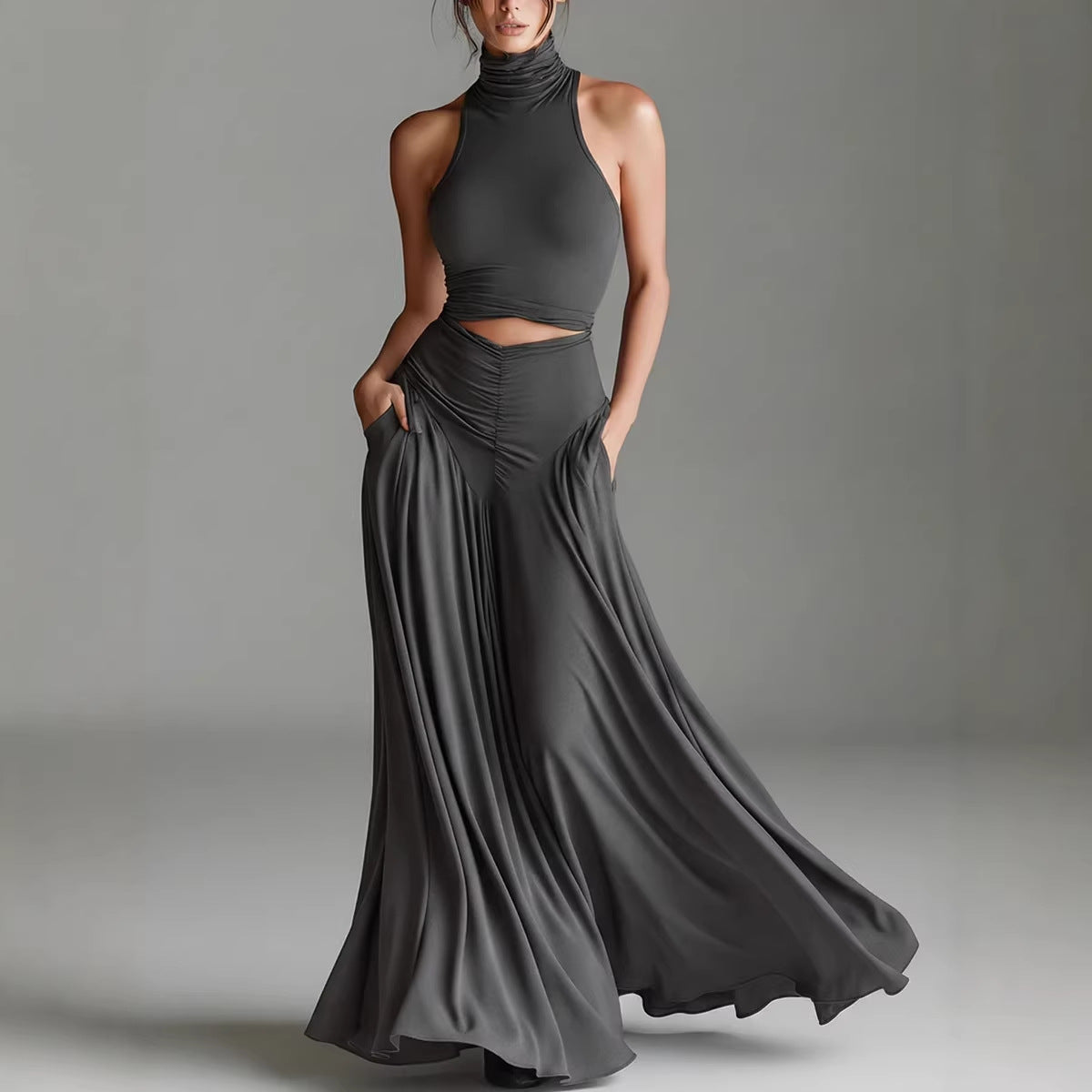 Chic Solid Color Two-Piece Dress Set - High Waist Ruched Long Skirt Outfit