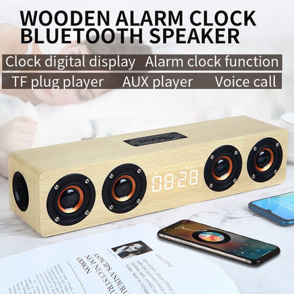 Wooden Bluetooth Soundbar Speaker - Portable Wireless Home Theater Subwoofer with Alarm Clock & FM Radio