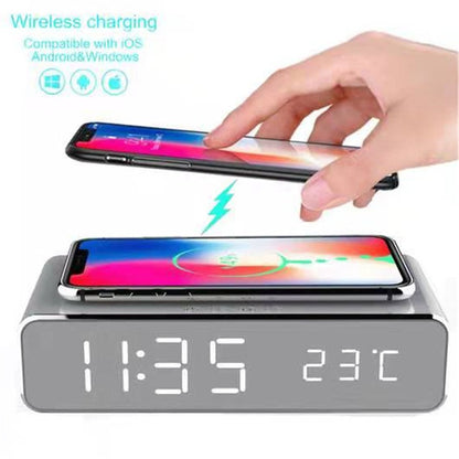 Multifunctional Mirror LED Digital Alarm Clock with Qi Wireless Charger & Temperature Display