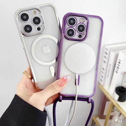 Electroplated Transparent Magnetic Lanyard Phone Case - Crossbody Shockproof Protective Cover for iPhone