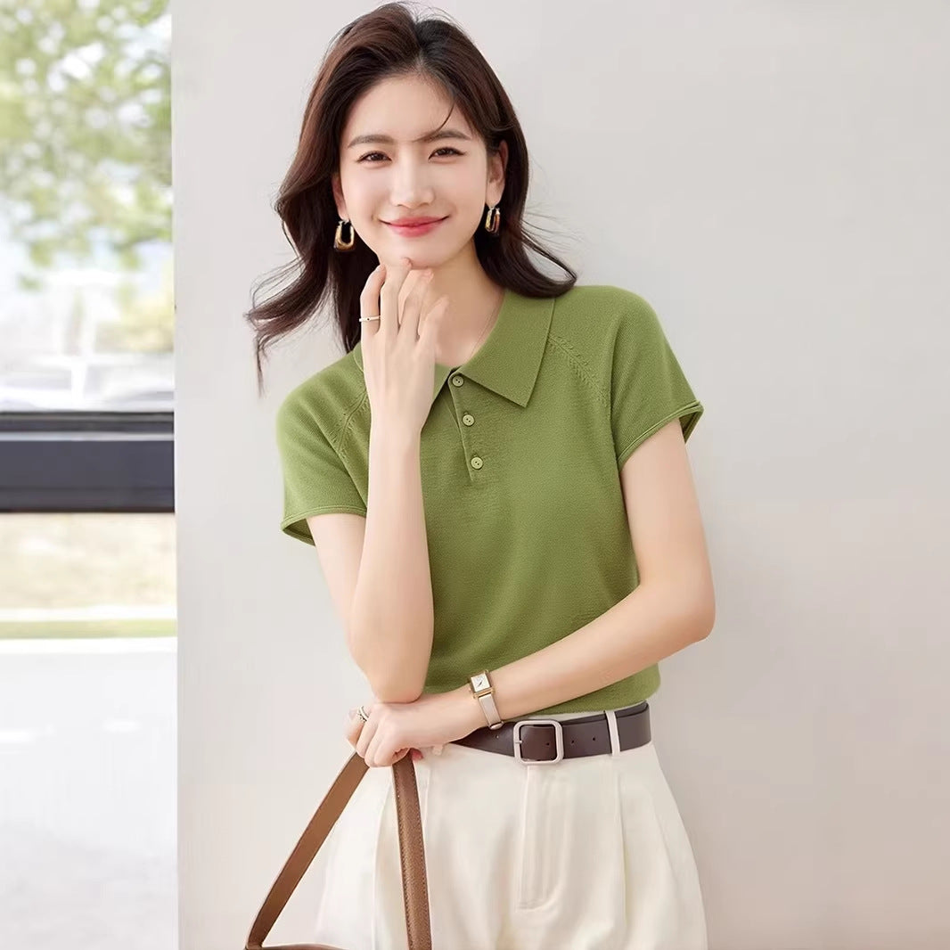 Elegant Ice Silk Knitted Polo Shirt - Unique Fitted Regular Shoulder Top for