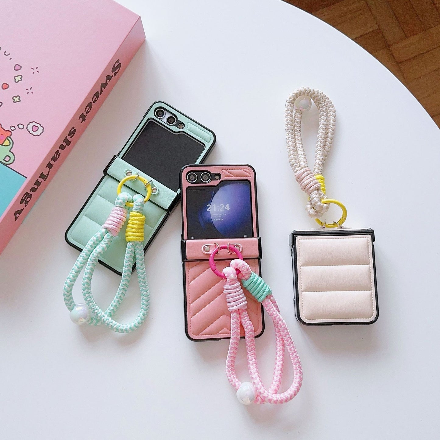 Korean Style Quilted Leather Case with Braided Hand Strap for Samsung Galaxy Z Flip 6 5 4 3 - Stylish Foldable Cover