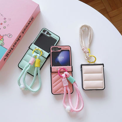 Korean Style Quilted Leather Case with Braided Hand Strap for Samsung Galaxy Z Flip 6 5 4 3 - Stylish Foldable Cover