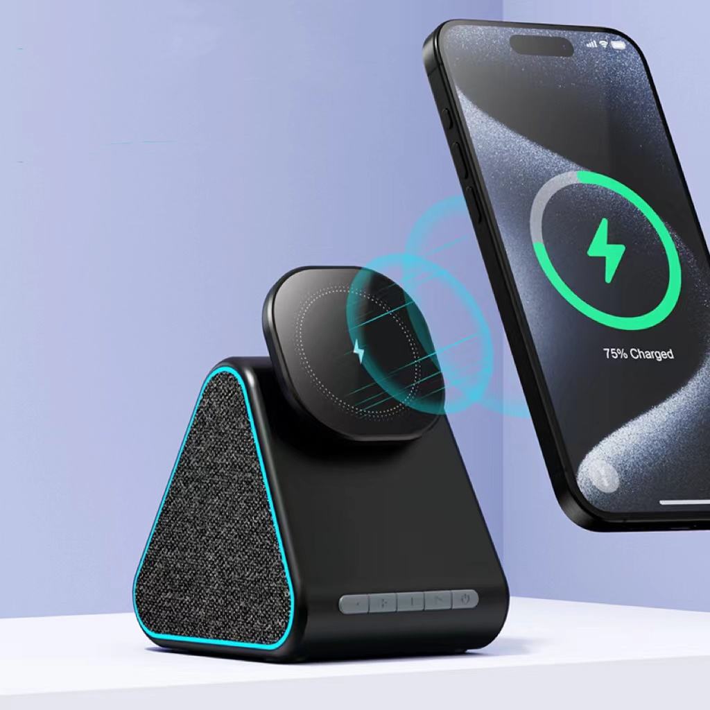 Magnetic Wireless Charger with Bluetooth Speaker - 3-in-1 Fast Charging Station & Desktop Speaker Stand for iPhone