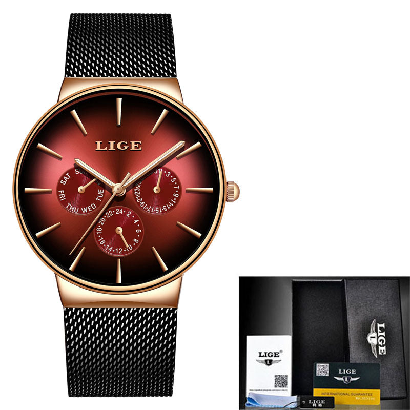 LIGE Men's Luxury Quartz Watch - Slim Mesh Strap Waterproof Business Wristwatch