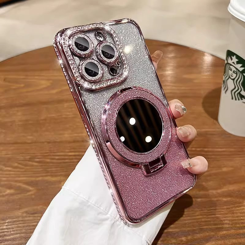 Glitter Makeup Mirror Ring Stand Case for iPhone 16 15 14 Pro Max - Magnetic Bling Diamond Back Cover