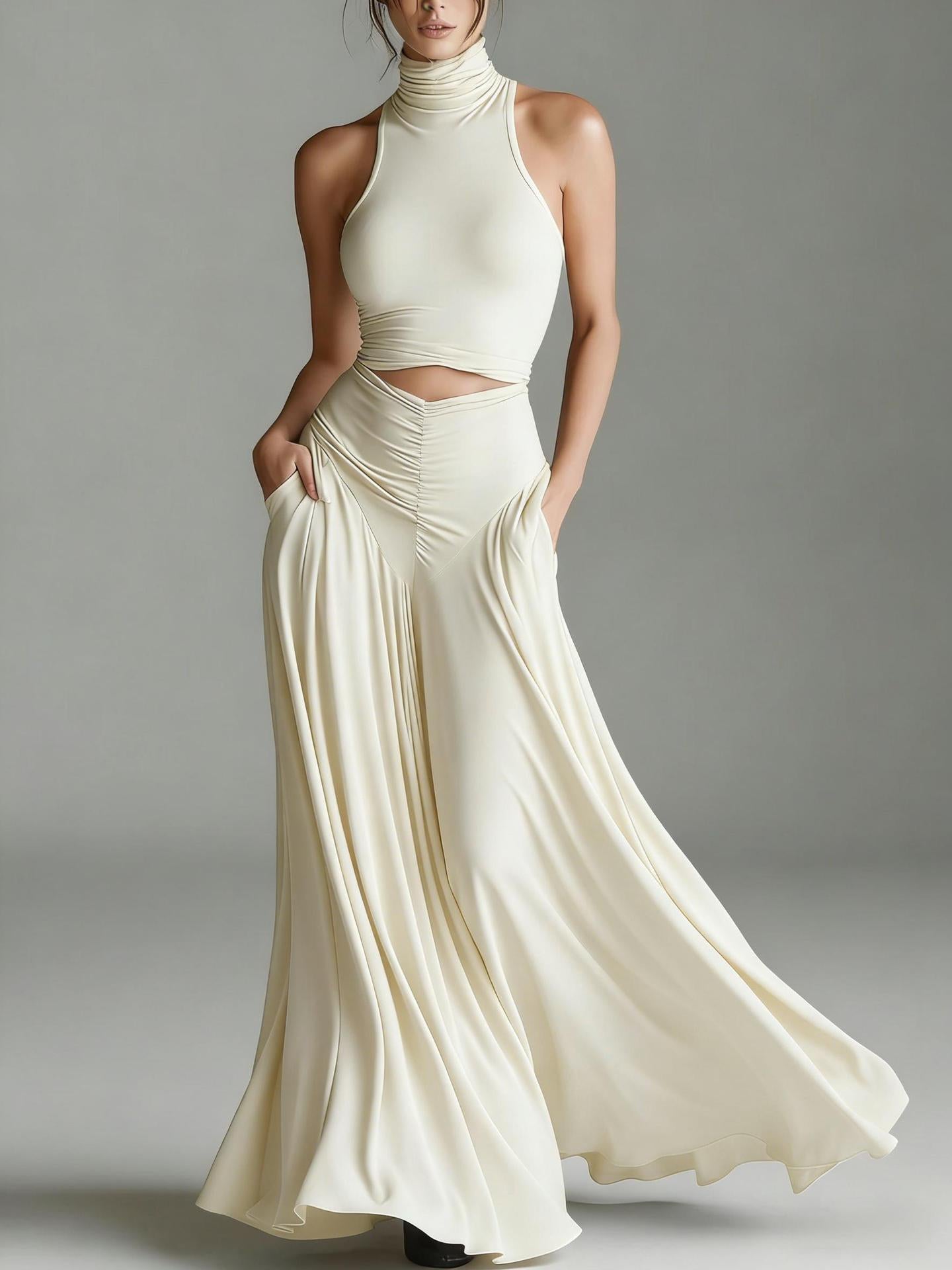 Chic Solid Color Two-Piece Dress Set - High Waist Ruched Long Skirt Outfit