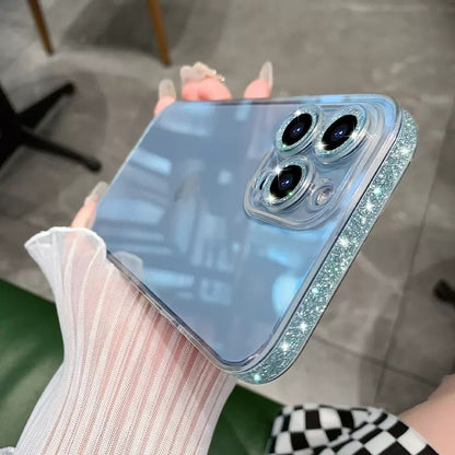 Aesthetic Glitter Rhinestone Edge Clear iPhone Case - Mirror Back Glass Lens Protection Cover