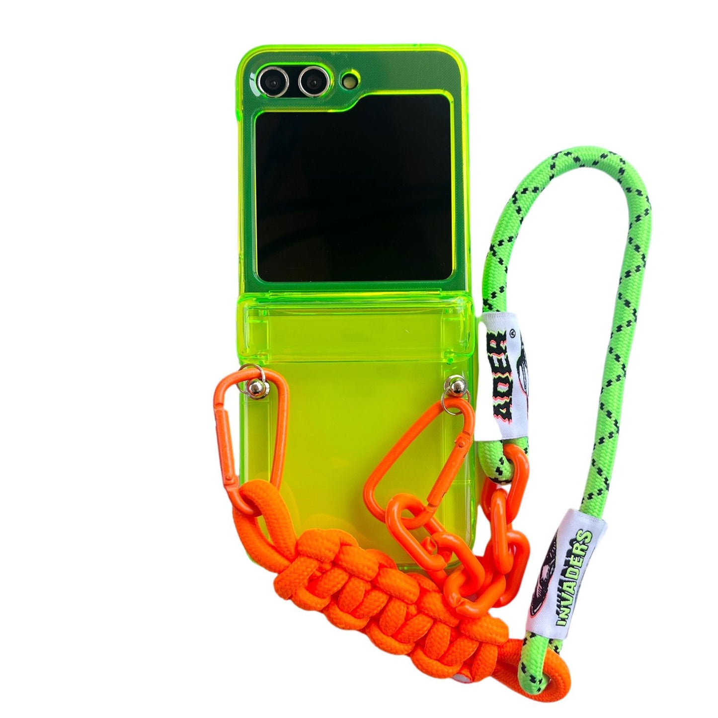 Trendy Crossbody Chain Strap Clear Neon Green Case - Shockproof Cover for Samsung Z Flip 5 Flip 4