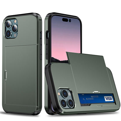 Sliding Card Holder Case for iPhone 14 13 12 Pro - Hidden Wallet Slot Anti-Drop Armor Cover