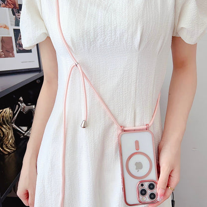 Electroplated Transparent Magnetic Lanyard Phone Case - Crossbody Shockproof Protective Cover for iPhone