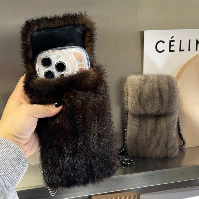 Luxury Real Mink Fur Crossbody Phone Bag for Women - Plush Winter Shoulder Messenger Pouch