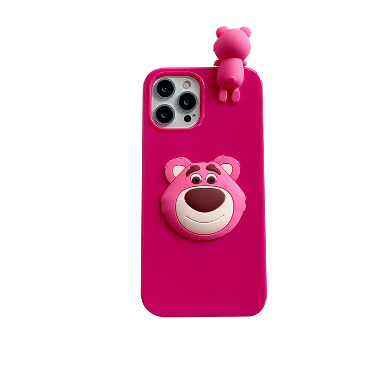 Cute 3D Lying Strawberry Bear Silicone Phone Case for iPhone 16 15 14 13 12 Pro Max - Soft Cartoon Cover