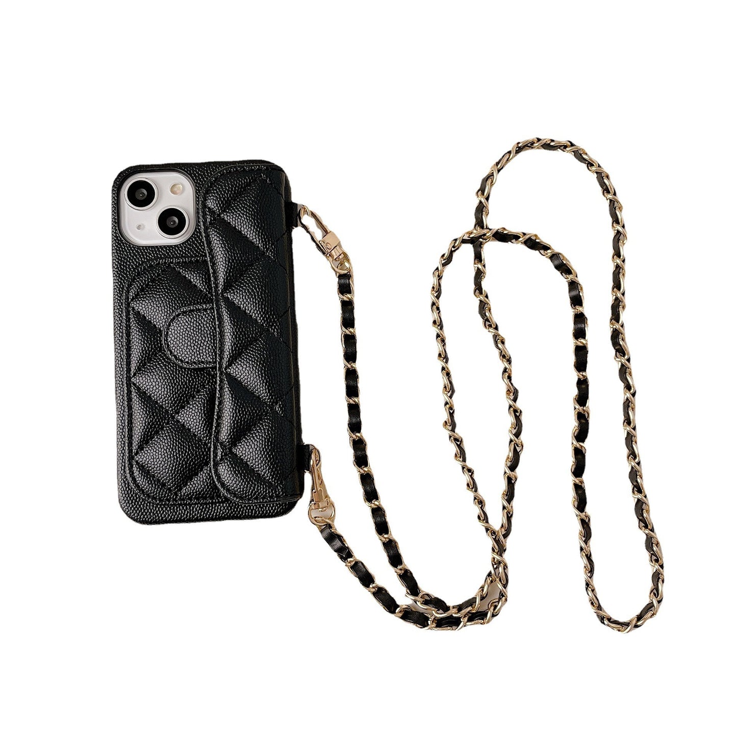 Luxury Quilted Leather Wallet Phone Case with Crossbody Chain & Card Holder for iPhone 16 15 14 13 Pro Max