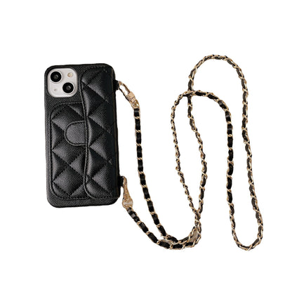 Luxury Quilted Leather Wallet Phone Case with Crossbody Chain & Card Holder for iPhone 16 15 14 13 Pro Max