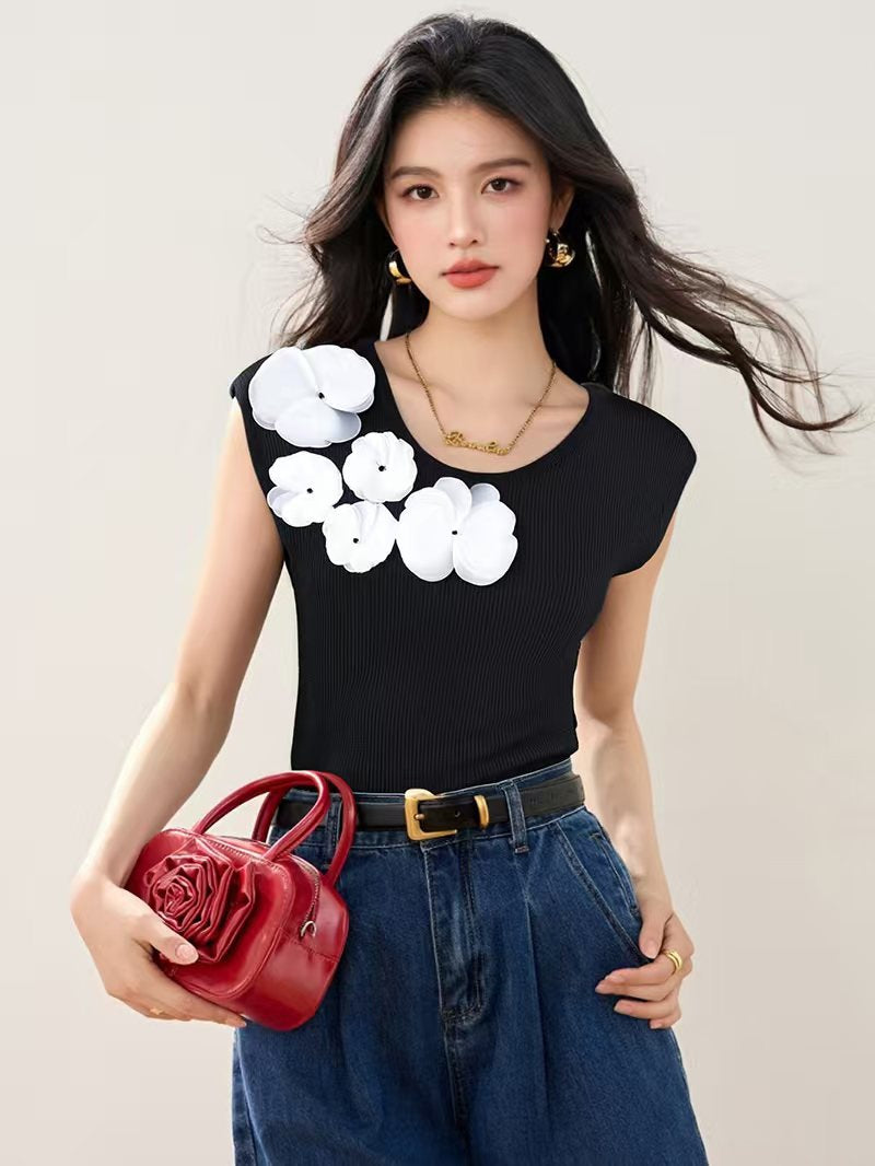 Women's Soft Knit Vest - Summer Fashion Floral Embroidery Top