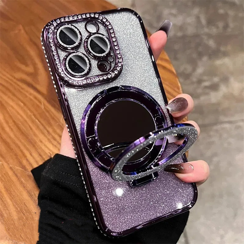Glitter Makeup Mirror Ring Stand Case for iPhone 16 15 14 Pro Max - Magnetic Bling Diamond Back Cover