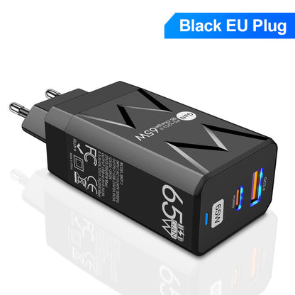 65W GaN Fast Charging Head - Universal Global Travel Wall Charger with US, EU & UK Plugs