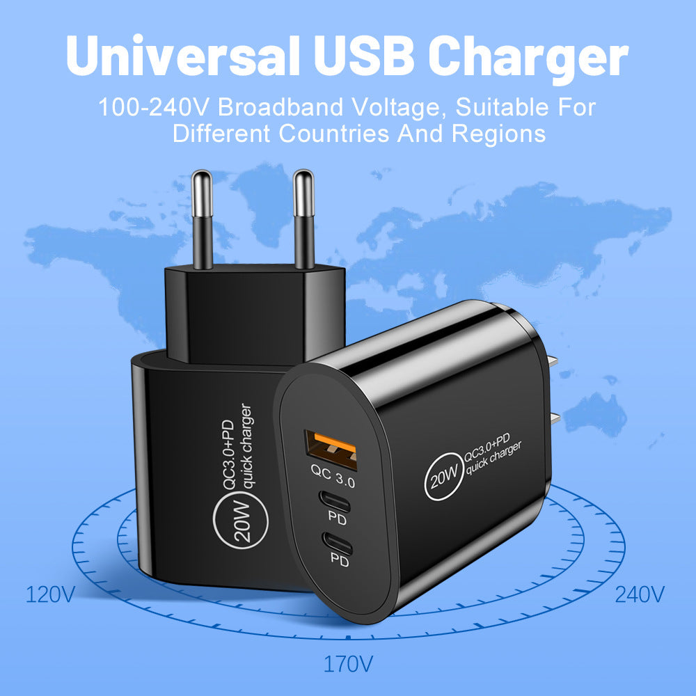 20W USB & Dual PD Type-C Fast Wall Charger - Multi-Port Universal Travel Charging Adapter