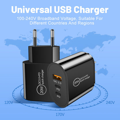 20W USB & Dual PD Type-C Fast Wall Charger - Multi-Port Universal Travel Charging Adapter