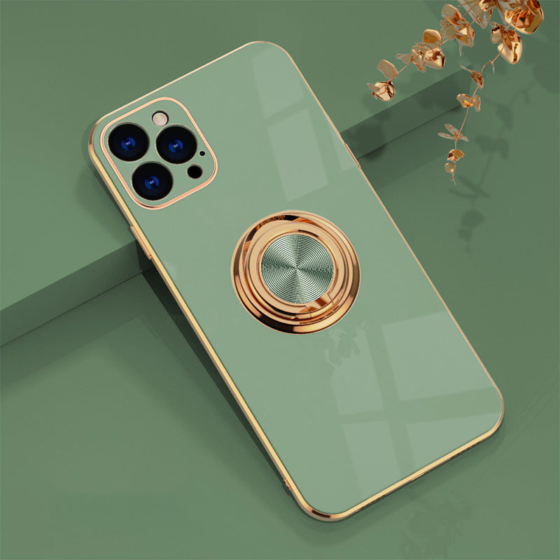 Luxury Plating Ring Holder Case for iPhone 14 13 12 - Magnetic Car Mount Kickstand Soft Silicone Cover