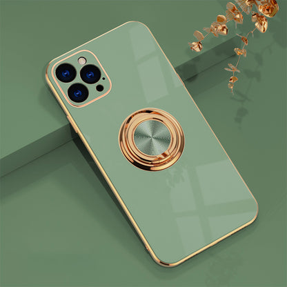 Luxury Plating Ring Holder Case for iPhone 14 13 12 - Magnetic Car Mount Kickstand Soft Silicone Cover