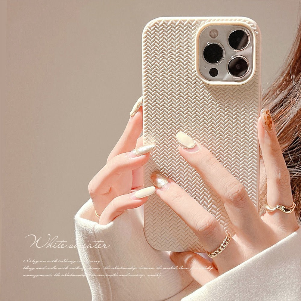 Aesthetic Minimalist Weaving Pattern Soft Silicone iPhone Case - Elegant Cream White Back Cover