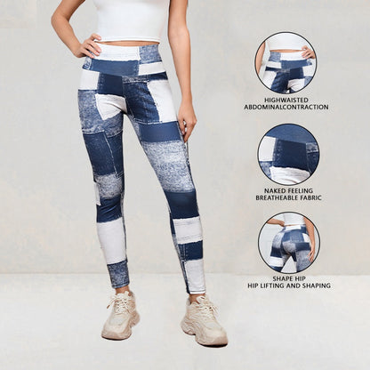 Denim-Like Plaid Patchwork Fitness Pants - High-Waisted Tummy Control Yoga Leggings