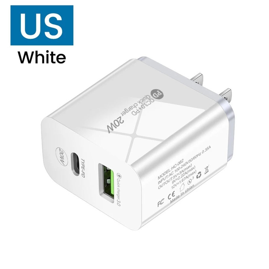 Dual-Port 20W Fast Charging Head - USB and Type-C Wall Charger Adapter