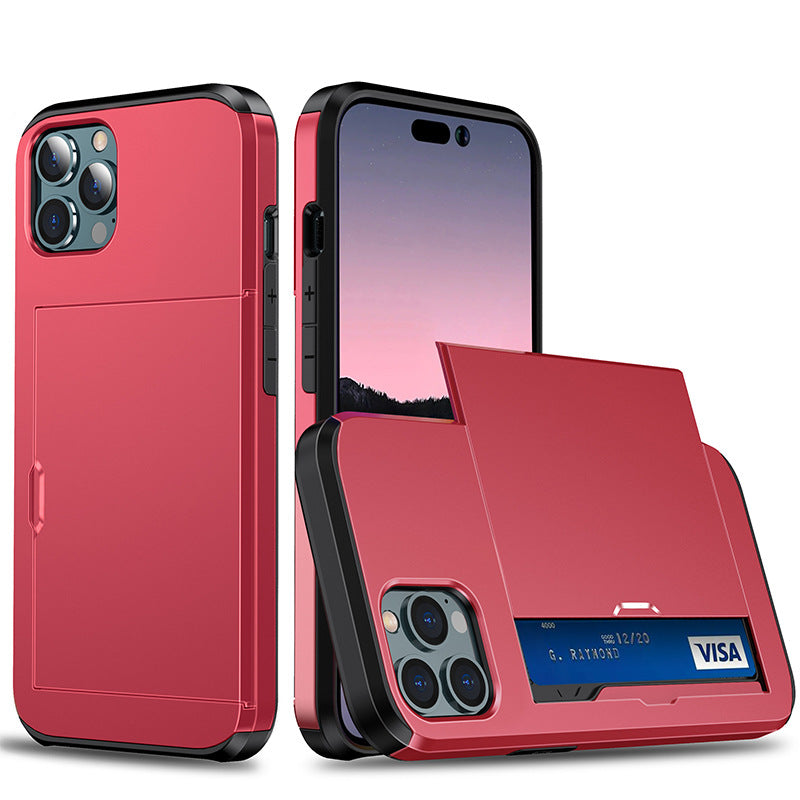 Sliding Card Holder Case for iPhone 14 13 12 Pro - Hidden Wallet Slot Anti-Drop Armor Cover