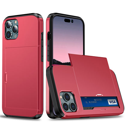 Sliding Card Holder Case for iPhone 14 13 12 Pro - Hidden Wallet Slot Anti-Drop Armor Cover