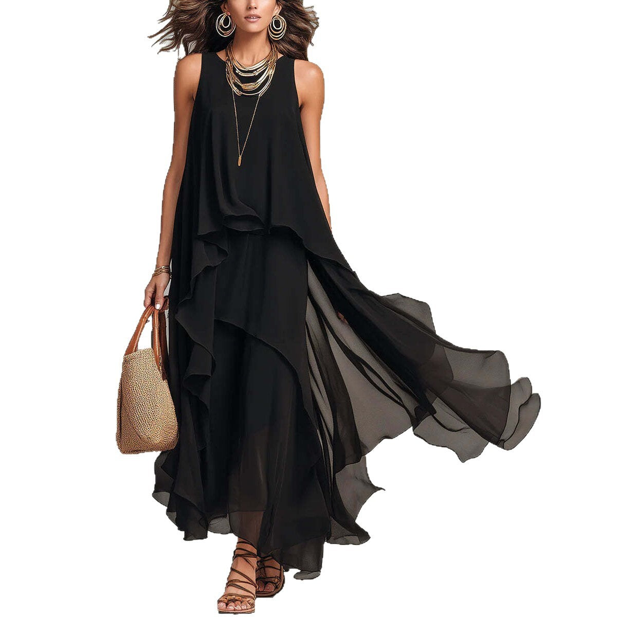 Elegant Layered Loose Black Chiffon Dress - Casual Summer Holiday Long Dress