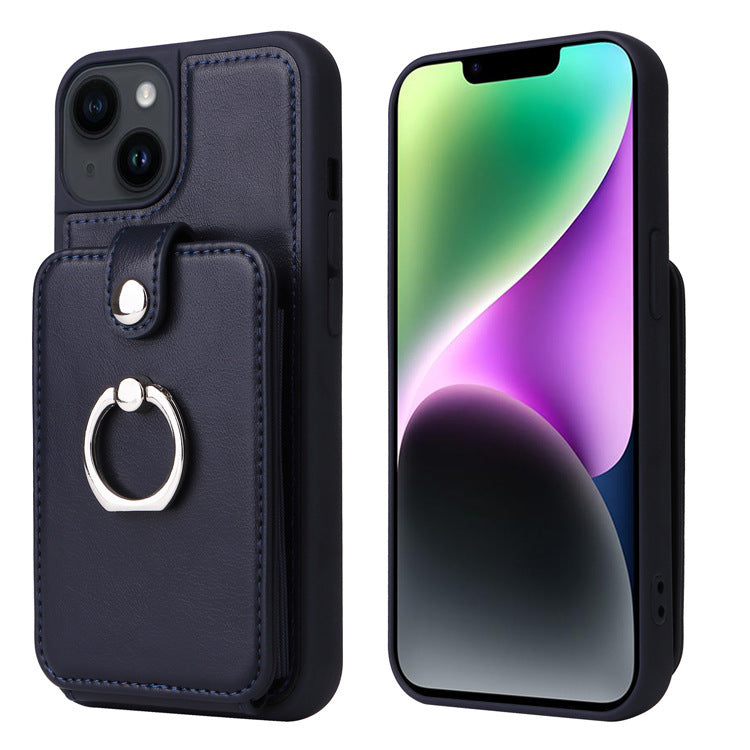 Multi Card Slot Leather Wallet Case with Metal Ring Stand - Shockproof Back Cover for iPhone
