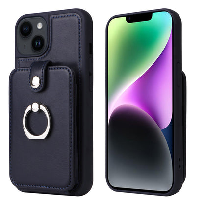 Multi Card Slot Leather Wallet Case with Metal Ring Stand - Shockproof Back Cover for iPhone
