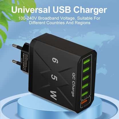 65W 6-Port Fast Wall Charger - Multi-Port USB Travel Charging Head Adapter